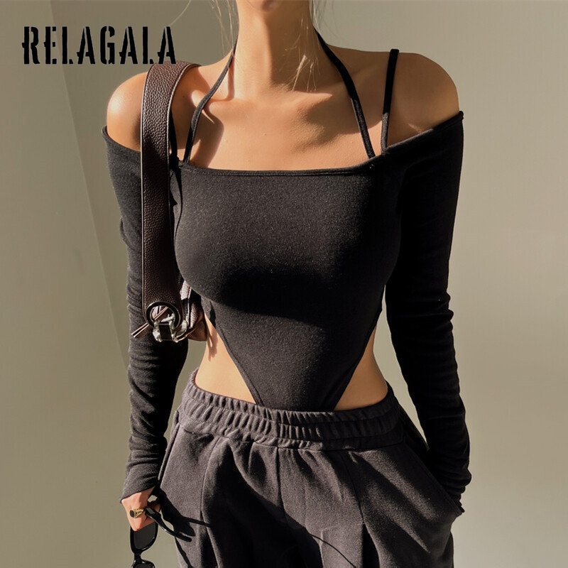 Relagala Bộ Áo Liền Quần Dài Tay Hai Dây Màu Trơn Gợi Cảm Thời Trang Cho Nữ