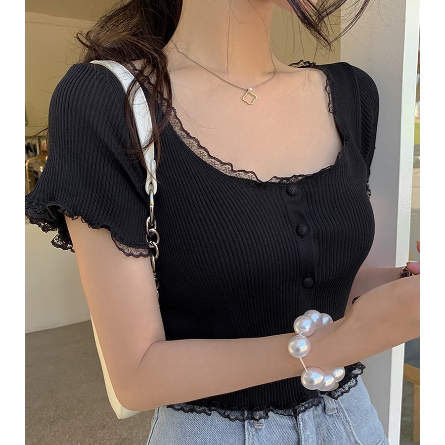 [EIGHTYK] Áo Croptop Tay Ngắn Viền Ren Phối Nút
