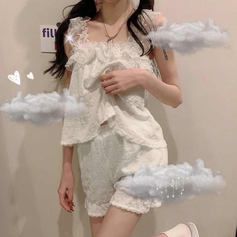 Jiashucheng Bộ Đồ Ngủ Hai Dây Phối Ren Kiểu Công Chúa Xinh Xắn Thời Trang Mùa Hè Cho Nữ