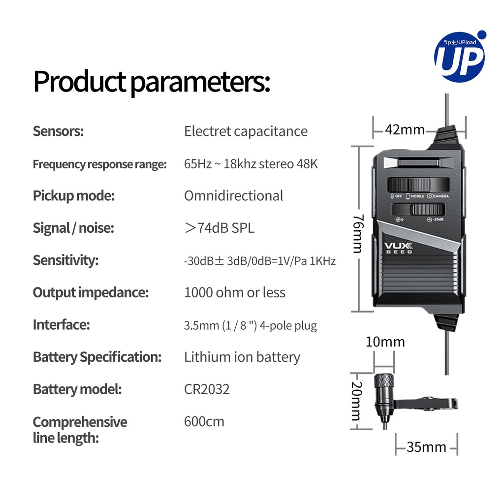 Micrô Kẹp Áo Thu Âm VUXBEEG PLEXTONE UP10 đa hướng cho điện thoại/ máy tính DSLR tiện dụng