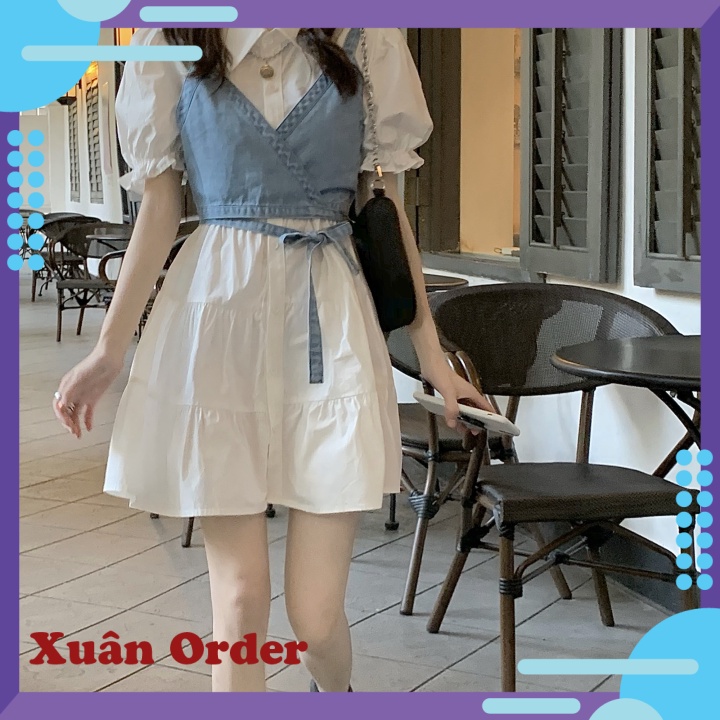 (Order 7-12 ngày, bigsize) váy chữ A + áo yếm denim hai mảnh