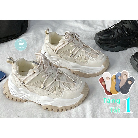 Giày thể thao nữ độn đế màu kem trắng, màu đen SRSOO, sneaker hottrend