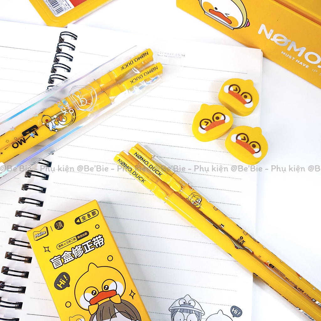 Set túi 2 bút kim học sinh có nắp in hình vịt cute Nomo Duck BeBie - BP522