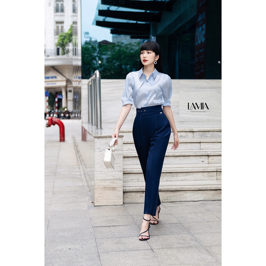 Áo sơ mi nữ Lamia Design SM310 tơ óng màu xanh dương cách điệu