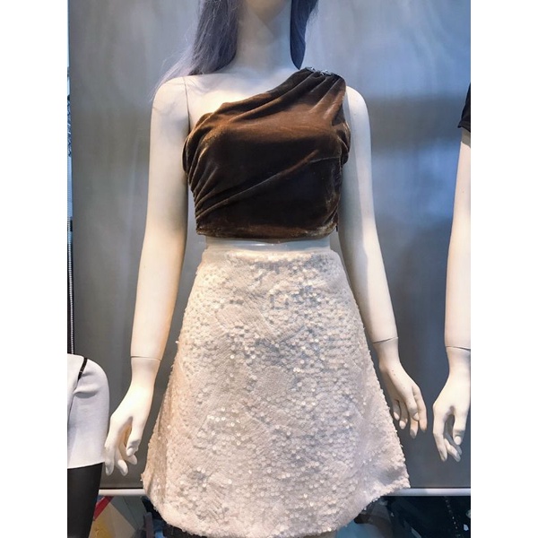 Áo croptop lệch vai nút đá chất nhung hàng cao cấp QCL1