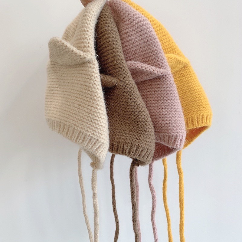 Mũ len tai mèo dễ thương phong cách Hàn Quốc, có dây buộc mềm mại, co giãn tốt cho bé