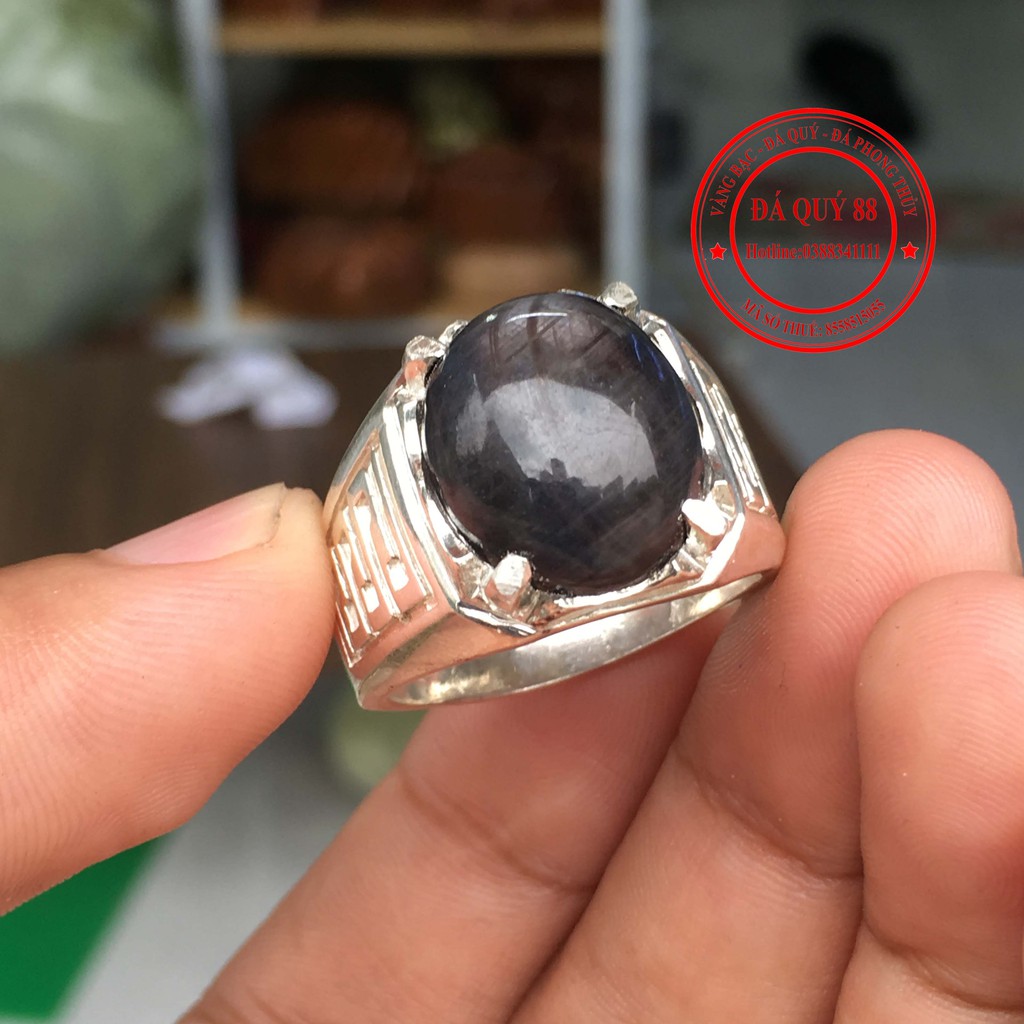 Nhẫn Bạc Nam Đá Saphia Đen Tự Nhiên Phong Thủy