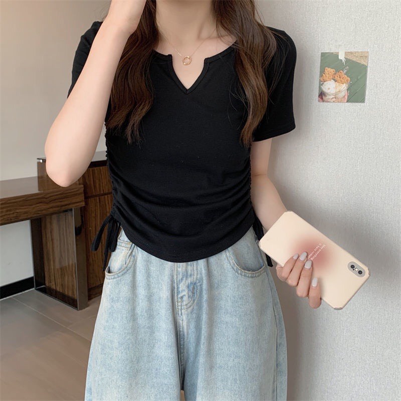Áo thun tay ngắn cổ V dây rút 2 bên ôm body A2681