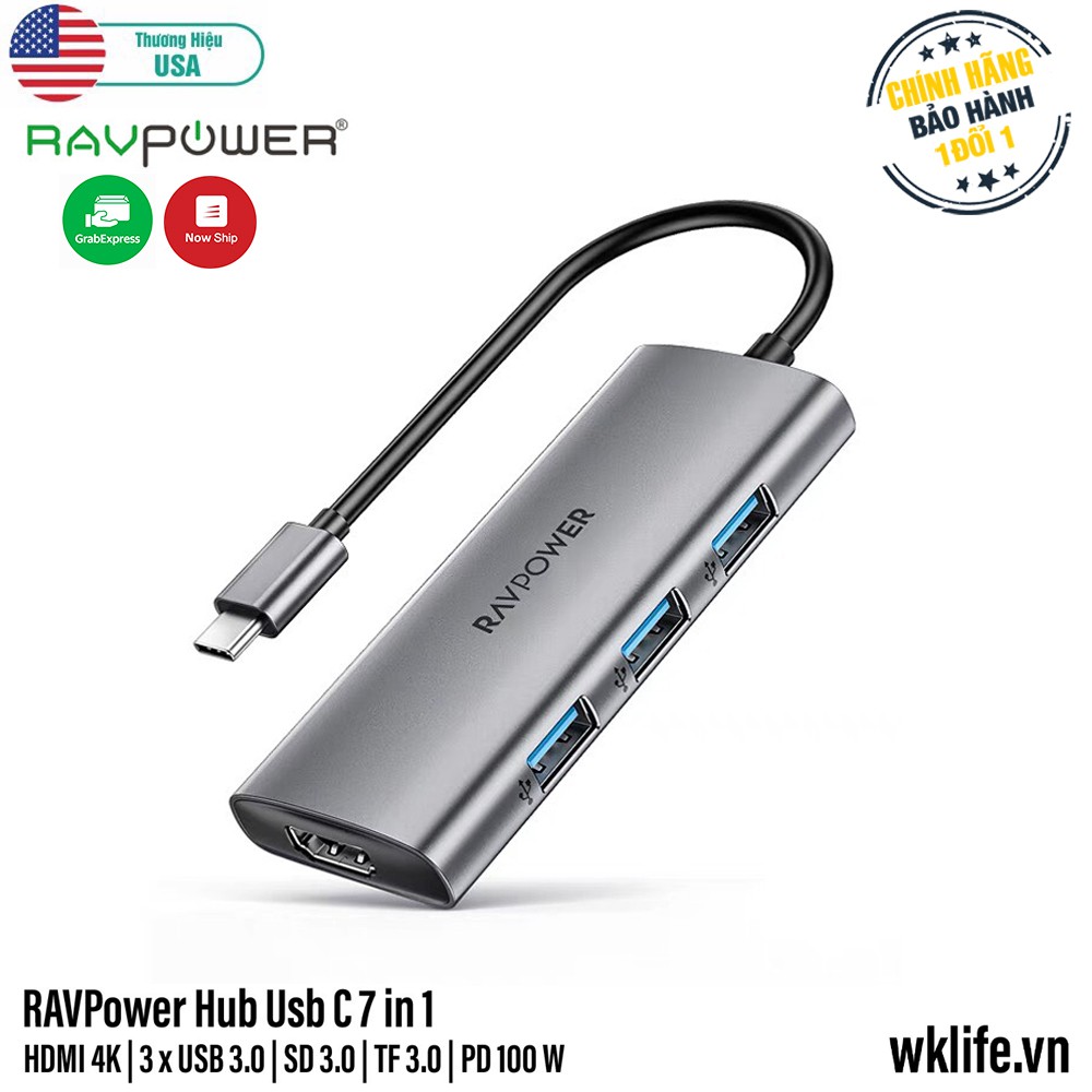 Hub Usb C RAVPower 7 in 1 Bảo Hành 12 Tháng 1 Đổi 1