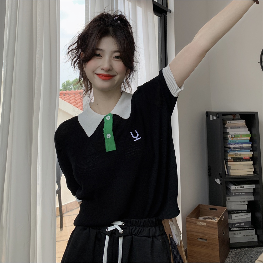 DUNEA Áo Sweater Dệt Kim Mỏng Tay Ngắn Dáng Rộng Cổ Polo Thêu Họa Tiết Màu Khối Quyến Rũ Cho Nữ