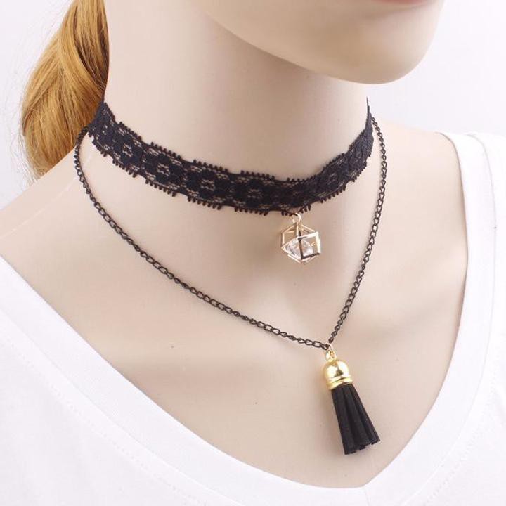 Choker vòng cổ dây chuyền tua rua đen kèm lục lăng quà tặng xinh xắn thời trang cá tính