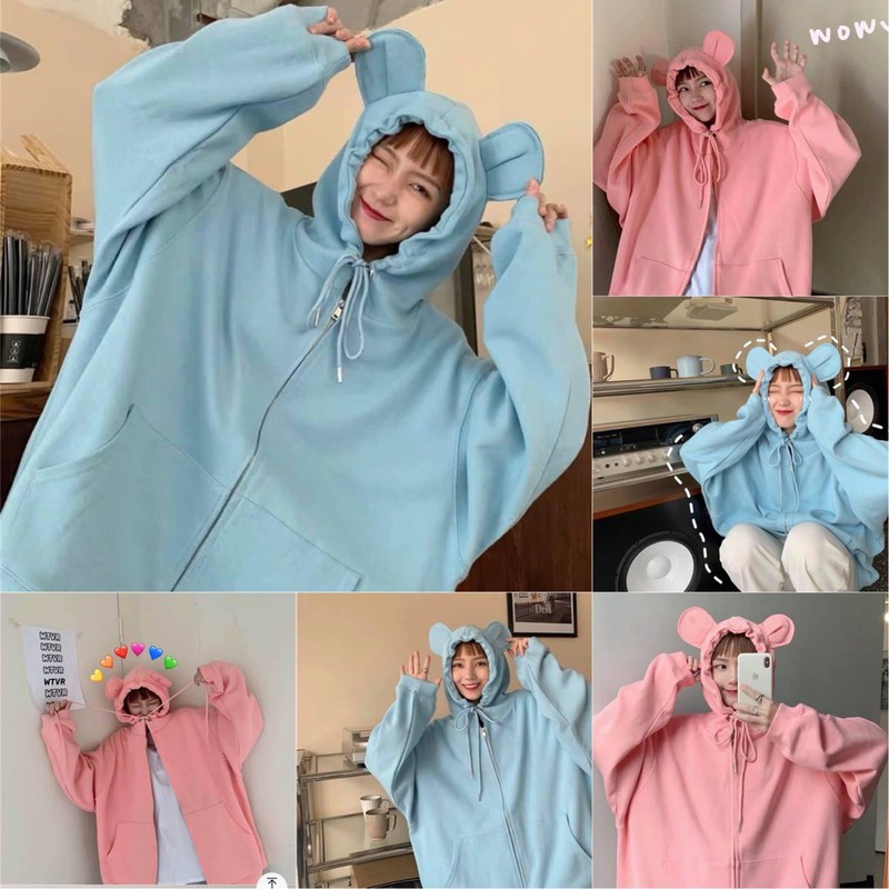 Áo khoác hoodie chống nắng nón Tai Thỏ form rộng , dành cho nữ chất nỉ ngoại Có Dây Kéo Unisex ulzzang