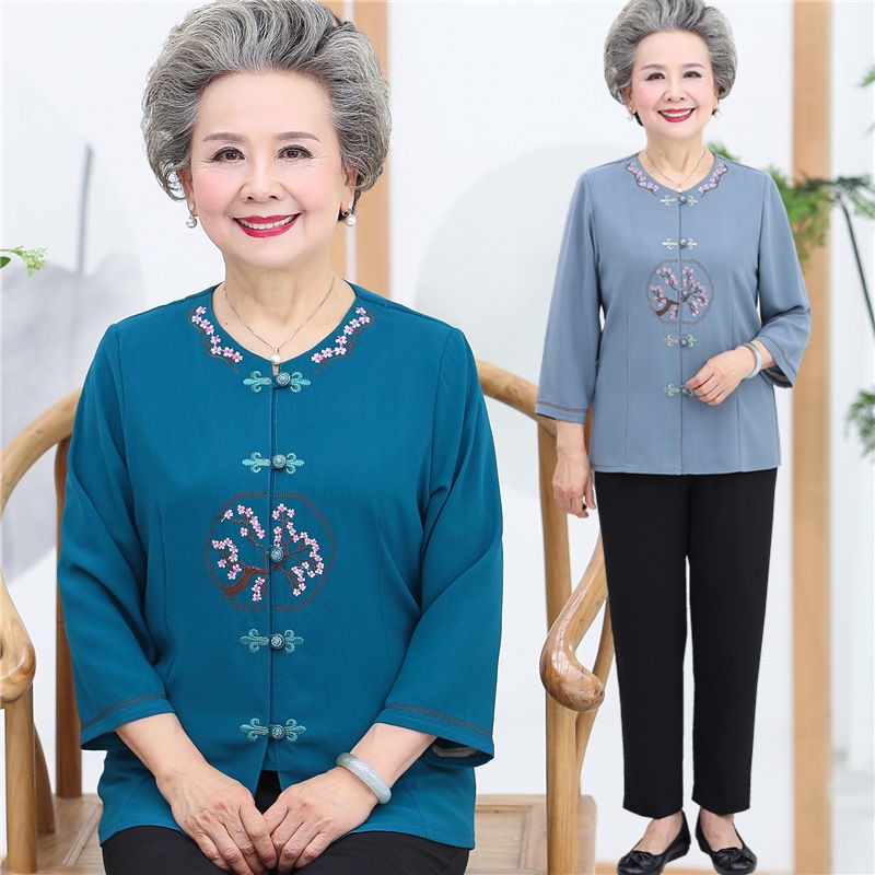 Người già mùa xuân và mùa hè cotton và vải lanh tay áo phù hợp với nữ áo sơ mi mẹ áo bà già bà già