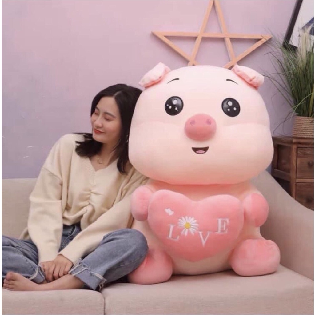 Heo Bông ôm trái tim lớn 80cm siêu cute làm gối ôm đi ngủ, làm quà tặng Siêu Ý Nghĩa Cho Bạn Gái