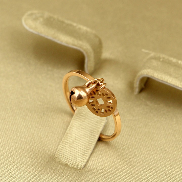 nhẫn titan cao cấp đồng tiền may mắn kết hợp chuông vàng hồng siêu đẹp - tặng hộp đựng xinh xắn