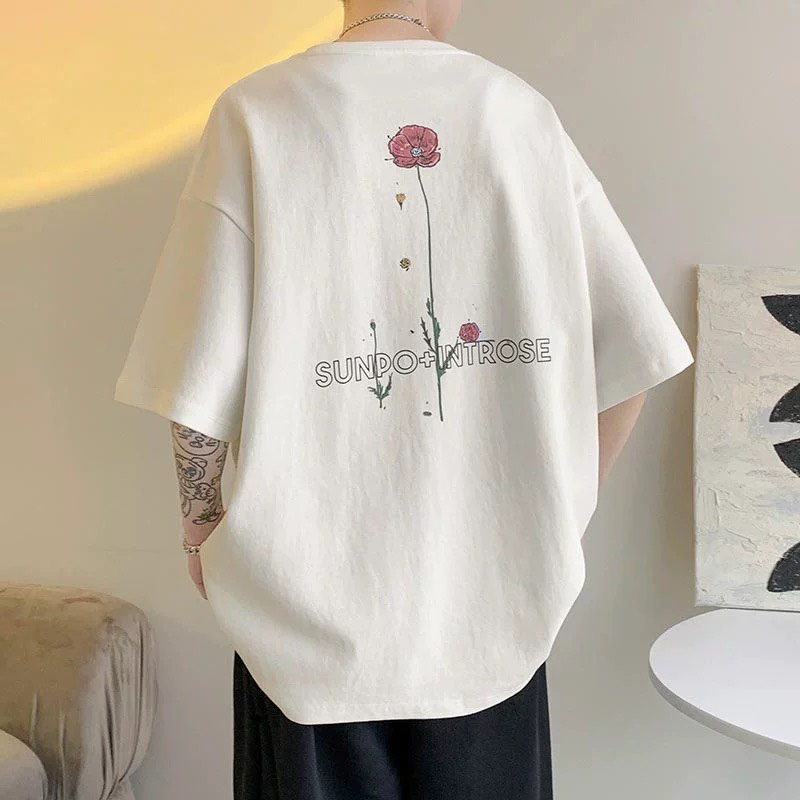 Áo thun tay lỡ, in chữ hình Bông Hoa, form rộng, Nam nữ đều mặc được