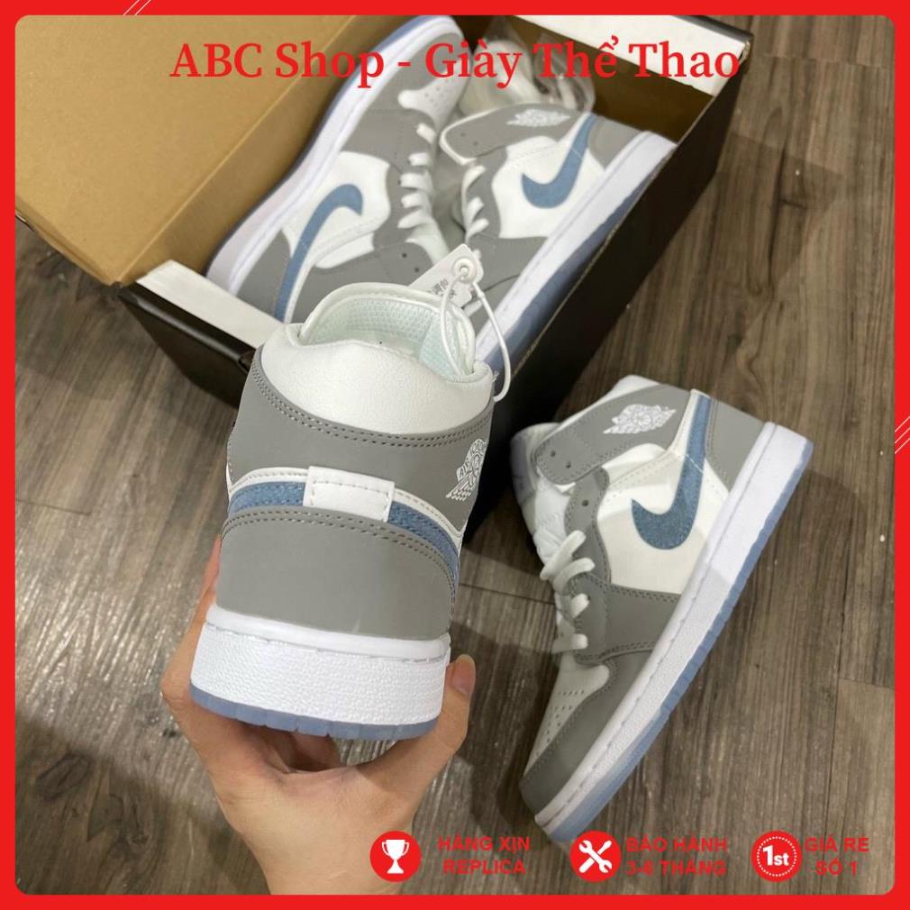 Giày Jordan trắng xám vạch xanh cao cổ , Giầy JD1 xám trắng móc xanh biển Full box