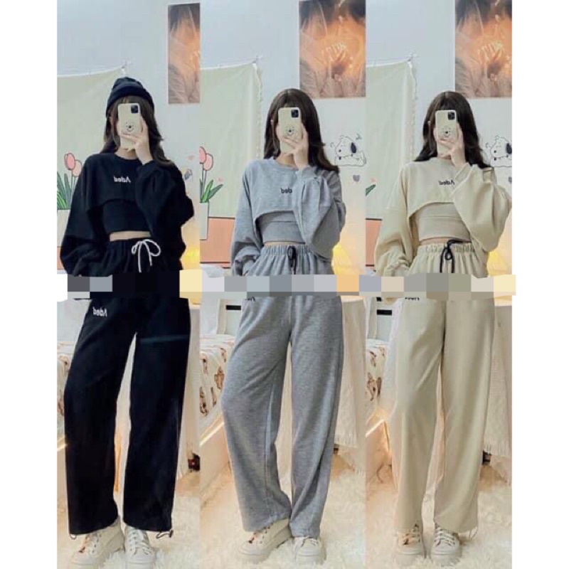 [RẺ VÔ ĐỊCH] Sét 3 Món Áo Croptop Dài Tay + Áo 2 Dây + Quần Bom Rút Ống Cá Tính, Trẻ Trung, NăngĐộng (Kèm Ảnh Thật)
