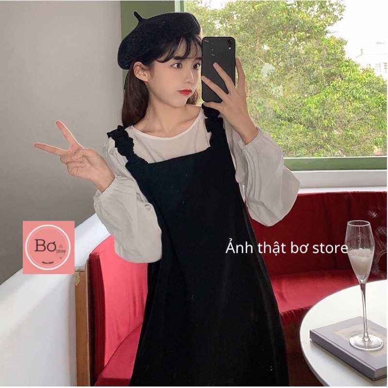 Set Váy Yếm Nhung Nhỏ Xẻ Tà Vintage Xinh Xắn Bơ Store | BigBuy360 - bigbuy360.vn