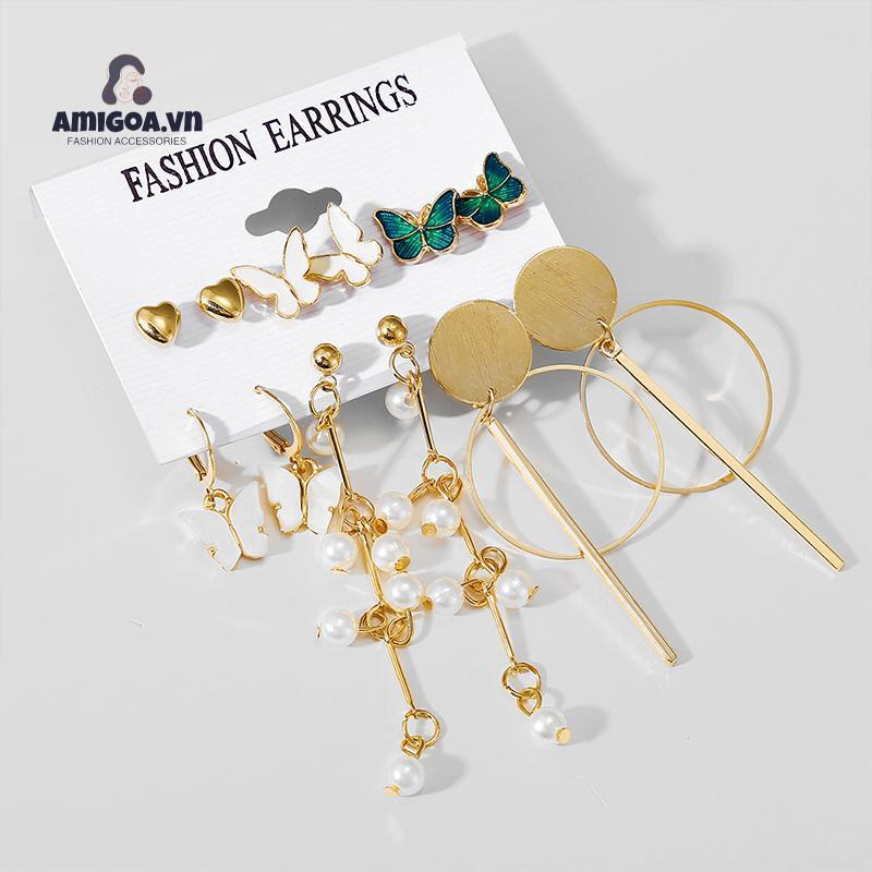 ✨✨Bộ Khuyên Tai Hình Học Chữ C Đính Ngọc Trai Đơn Giản