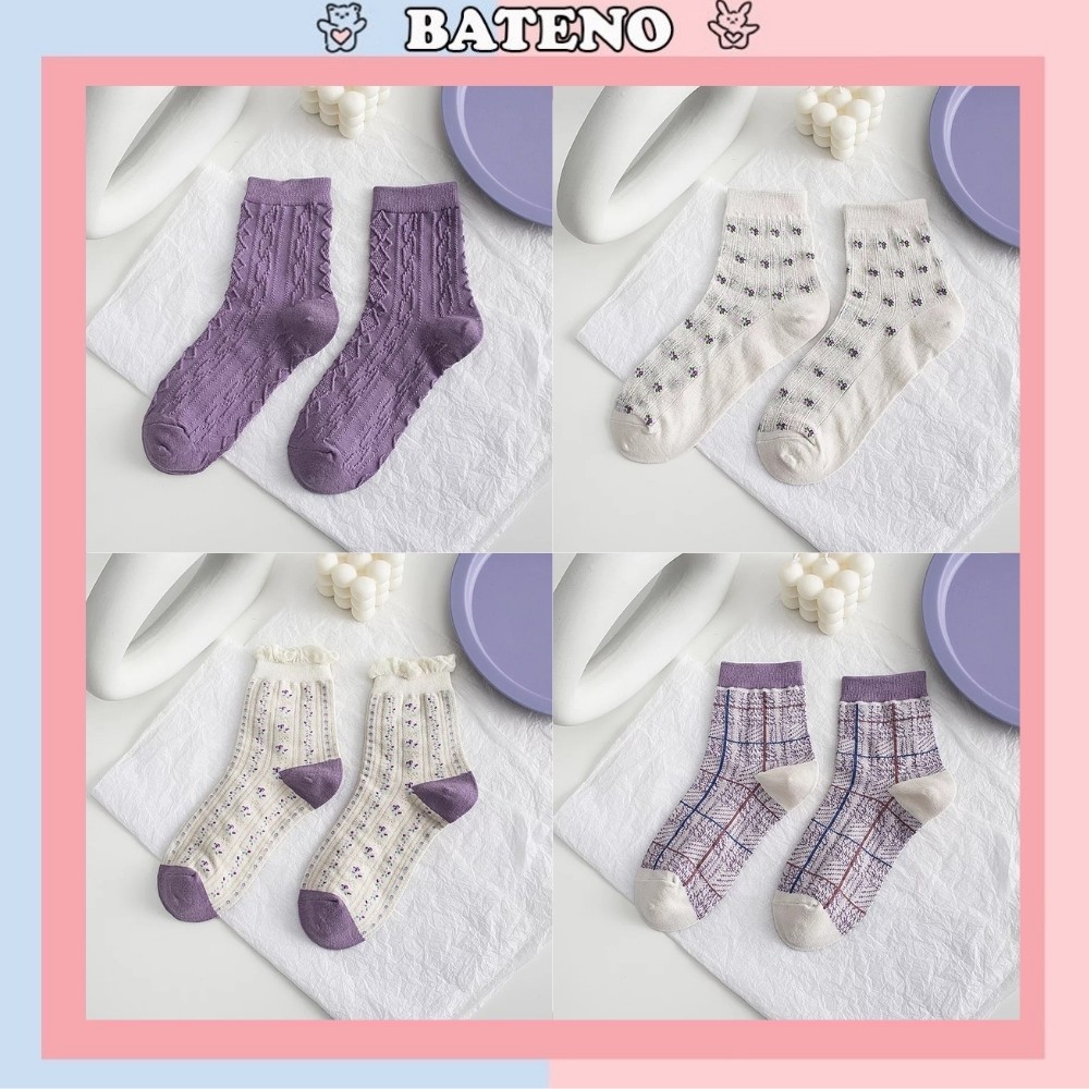 Tất nữ cổ thấp Bateno kiểu dáng vintage tím cực sang TN86