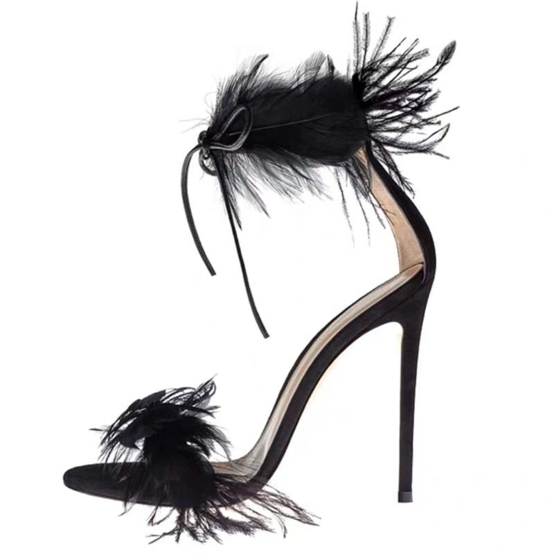 Giày sandal cao gót Jim.my Ch.oo xuất Âu xịn quai ngang đen da bóng cột dây cổ chân đính lông vũ 7cm size 38