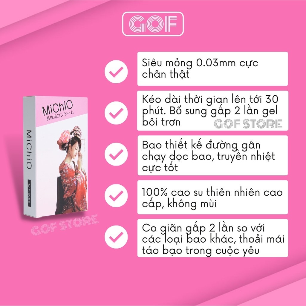 Bao cao su MiChiO gân gai nhẹ, co dãn linh hoạt , hộp 12c