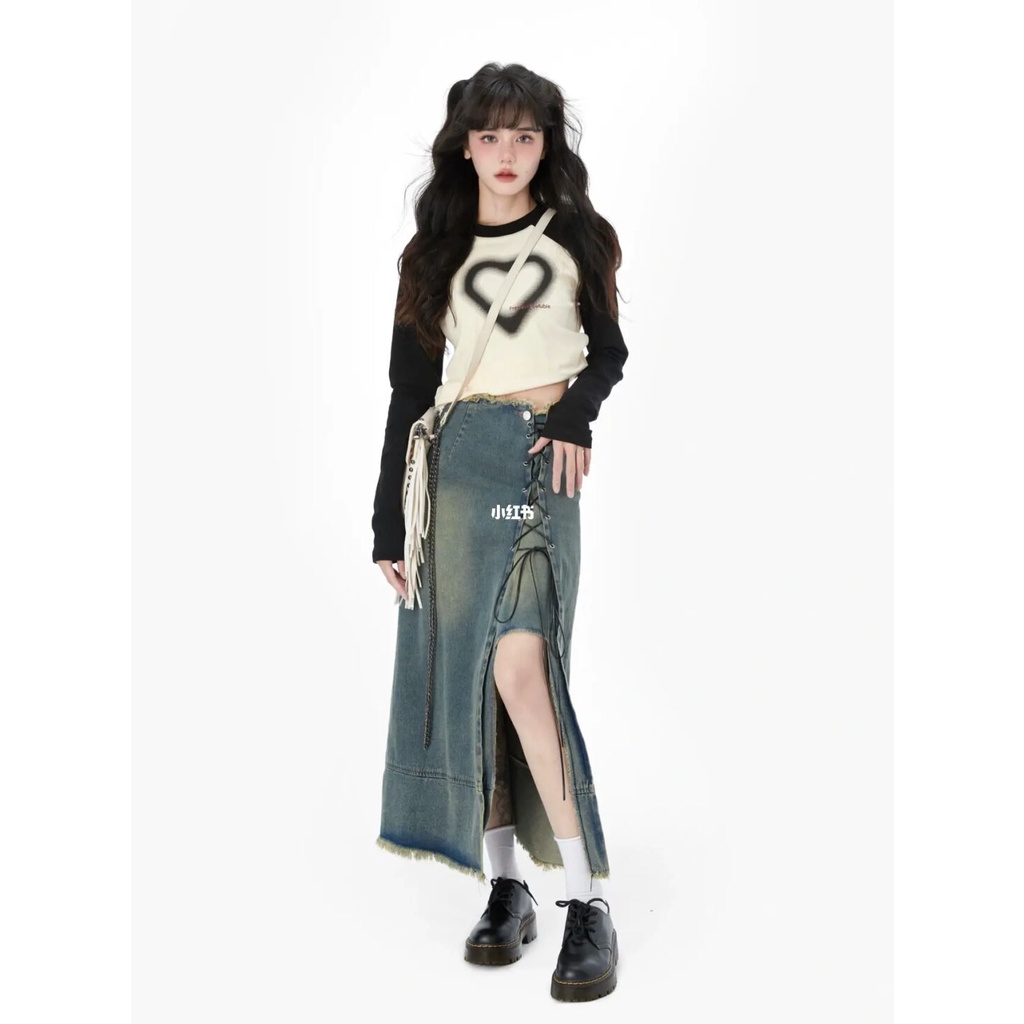 Áo Thun Tay Dài Cổ Tròn In Hình Trái Tim Phối Màu Thời Trang Cho Nữ