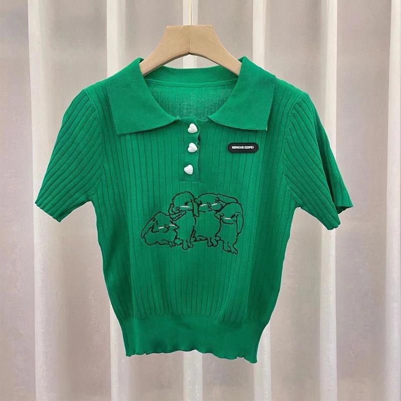 Áo polo Pure Cube dệt kim tay ngắn dáng ôm thêu hình thỏ thời trang mùa hè cho nữ