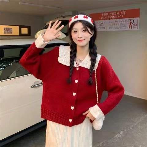 Plus Áo Khoác Cardigan Dệt Kim Cổ Búp Bê Ngọt Ngào Xinh Xắn Thời Trang Mùa Đông Cho Nữ