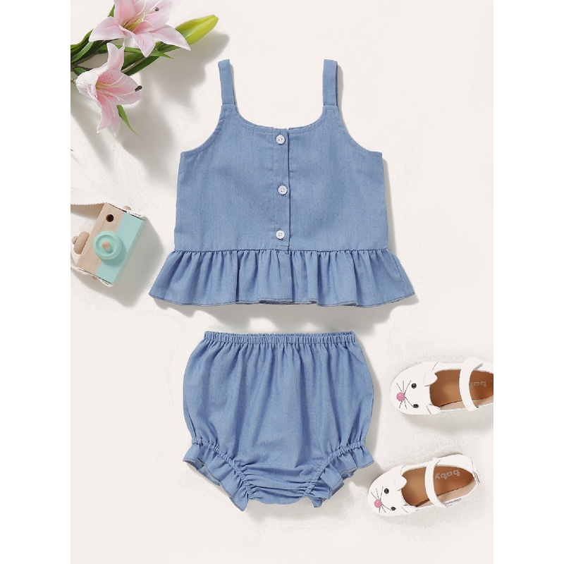 Bộ đồ 2 món MIKRDOO gồm áo hai dây + quần short màu xanh dương cho bé gái sơ sinh