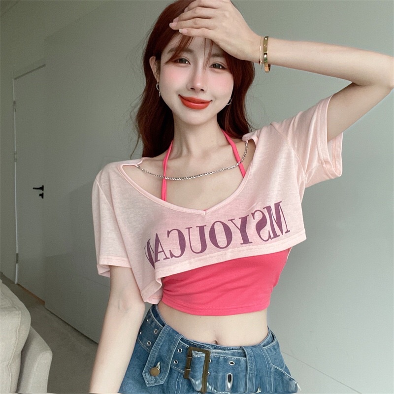 Set áo kiểu nữ  áo ngoài croptop mix áo 2 dây yếm hot hit