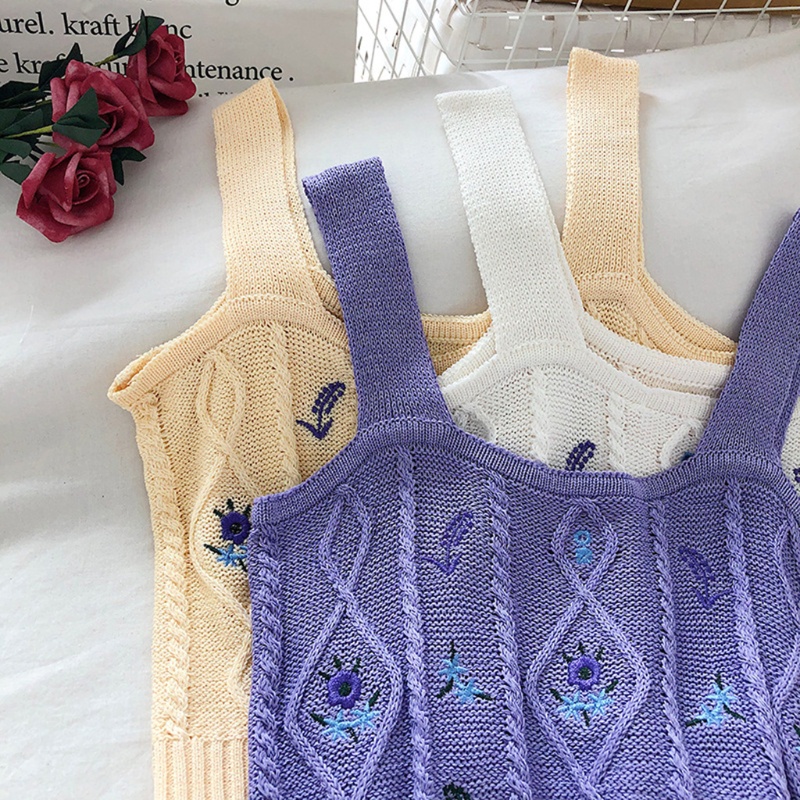 Áo Croptop Dệt Kim Không Tay Thêu Hoa Màu Sắc Ngọt Ngào Phong Cách Hàn Quốc Cho Nữ