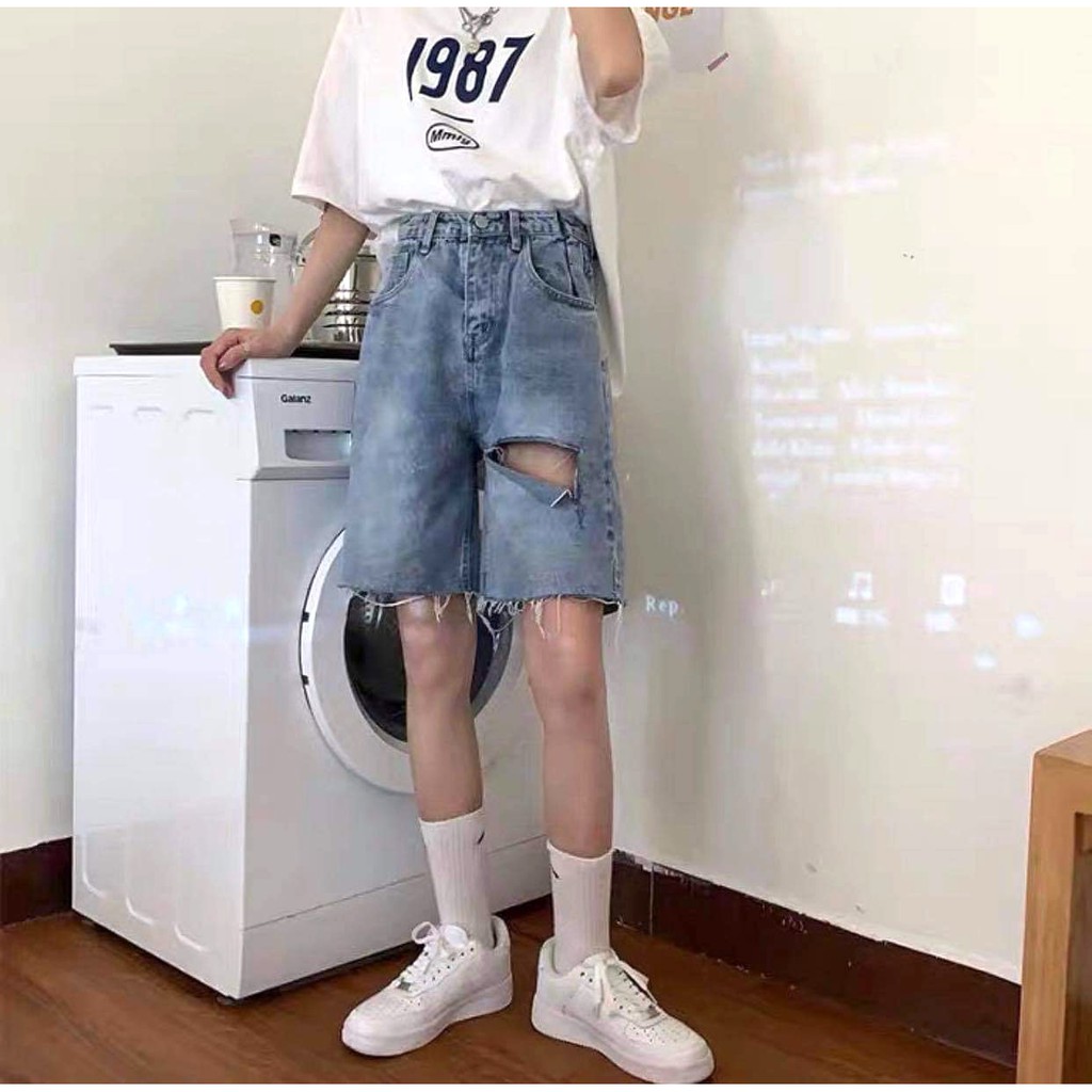 Quần Bò Lửng Ống Rộng Rách Gối PEONYB Nữ [FREESHIP]  Short jean đùi dáng suông, jeans cạp cao cá tính Ulzzang HOT