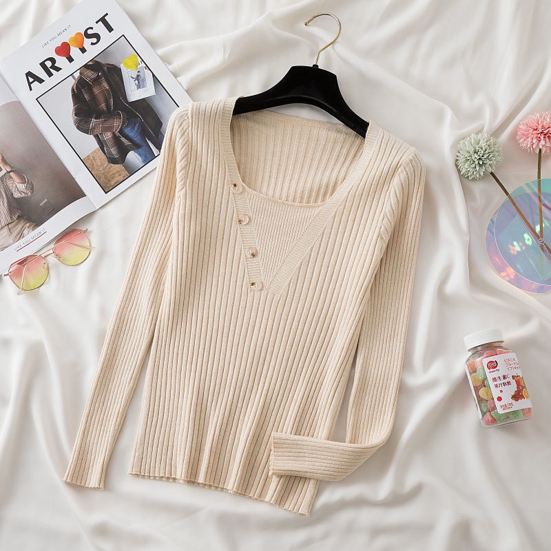 Áo Dệt Kim Tay Dài Cổ Vuông Dáng Ôm Phong Cách Phương Tây Thời Trang Mùa Thu Cho Nữ