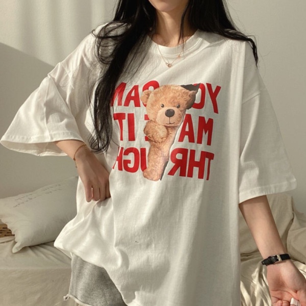 Áo thun gấu chữ Thr onesize unisex - Phông cổ tròn cộc tay form suông vintage oversize nam nữ - Chất thun đẹp