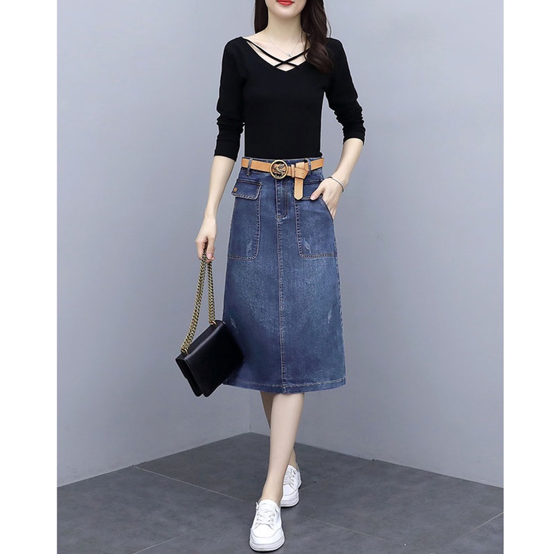 Chân Váy Bò Dáng Dài Kèm 2 Nắp Túi Cực Trend Cho Mùa Hè - Chân Váy Jean Dày Dặn Co Giãn Nhẹ Cực Kì Tôn Dáng