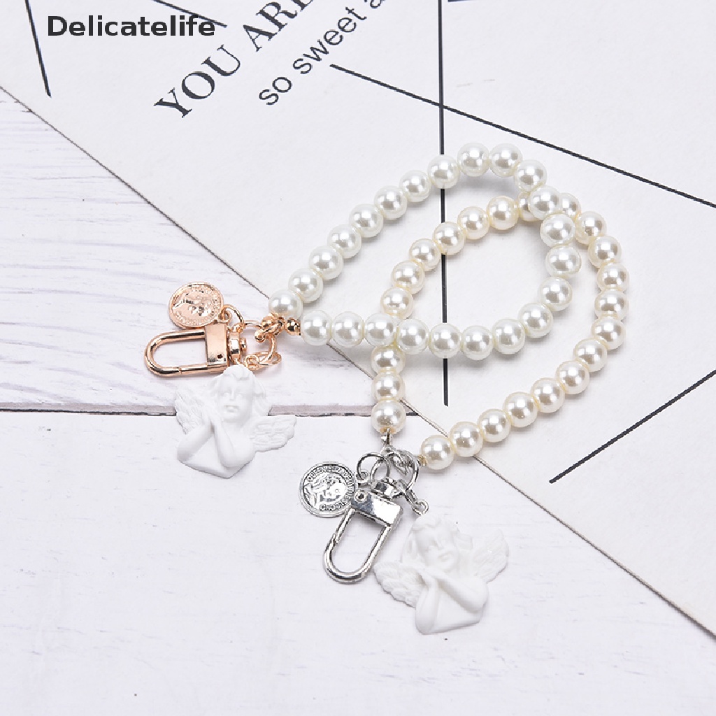Móc khóa đính hạt ngọc trai giả hình thiên thần màu trắng phong cách vintage cho nữ