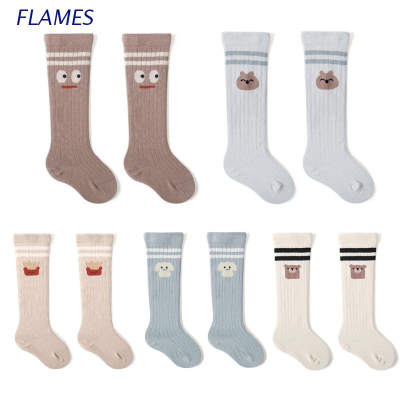 1 Đôi vớ cotton dài tới đầu gối thoáng khí màu trơn in họa tiết hoạt hình cho bé