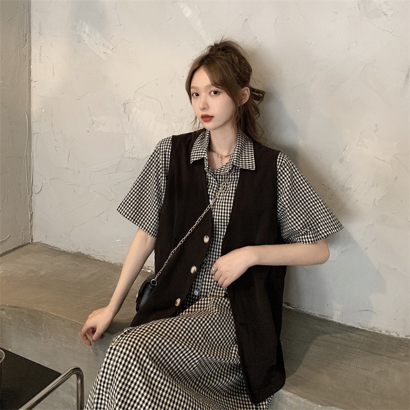 Set Đầm Sơ Mi Sọc Ca Rô + Áo Khoác Cardigan Không Tay Phong Cách Retro Hàn Quốc  váy | BigBuy360 - bigbuy360.vn