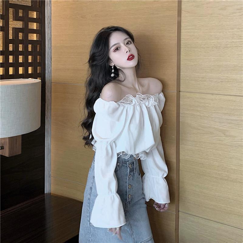 Áo Kiểu Nữ Blouses Women New Splicing Lace One Line Collar Long Sleeve
