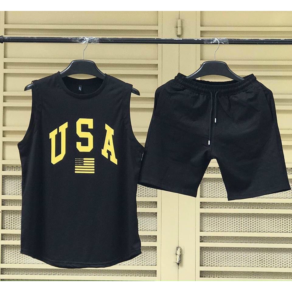 Set bộ đồ nam áo sát nách quần short USA - Sét đồ thể thao nam tập gym mẫu mới siêu hót vải thun co giãn thoải mái
