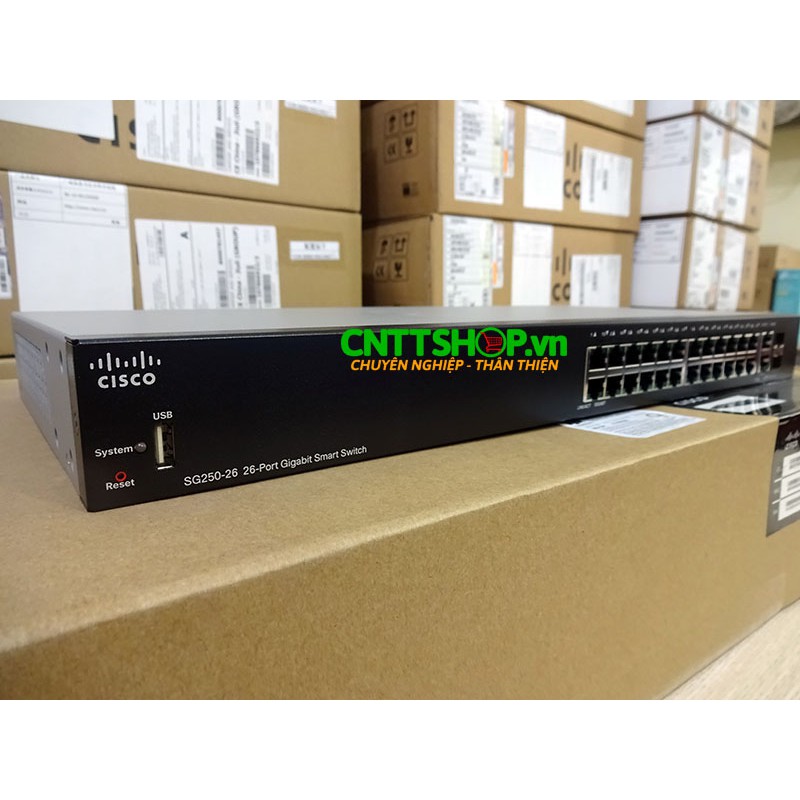 SG250-26-K9-EU Bộ chia mạng Switch Cisco 24 cổng 10/100/1000, 2 RJ45/SFP Uplink