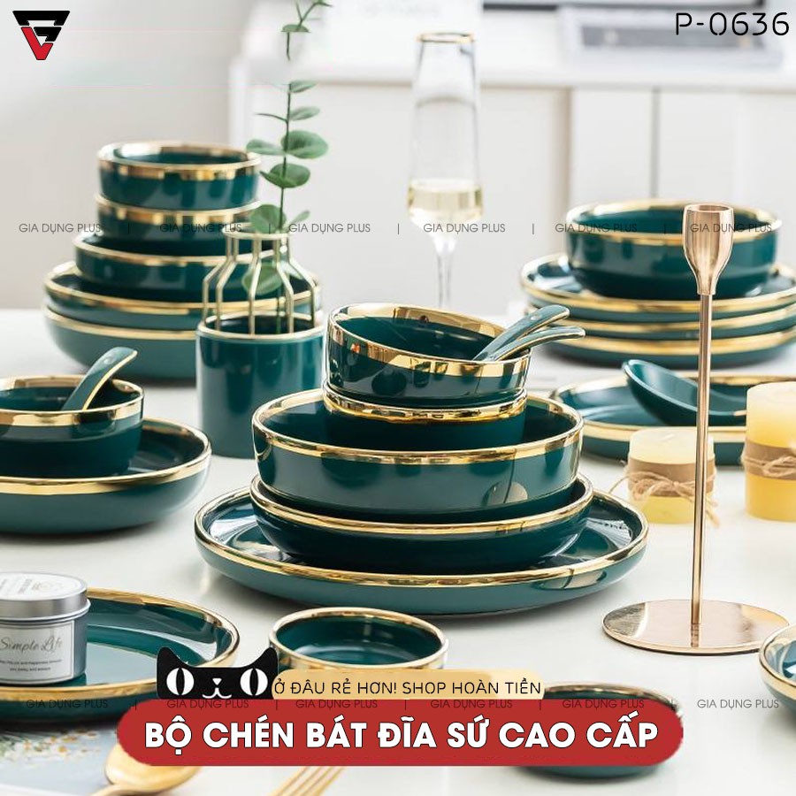 [Mã SKAMPUSHA8 giảm 8% đơn 300K] Bộ chén bát đĩa sứ xanh ngọc lục bảo viền vàng phong cách Bắc Âu cao cấp GP-0636