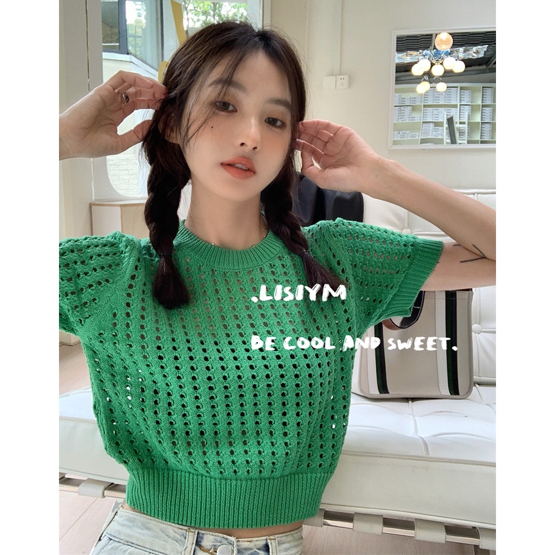 QKOOLE  Áo Thun Croptop Dệt Kim Tay Ngắn Cổ Tròn Thời Trang Mùa Hè Phong Cách Hàn Quốc Cho Nữ