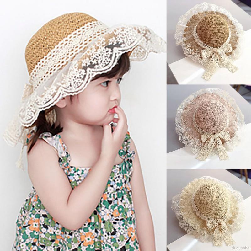 Mũ cói chống nắng đi biển phối ren hoa vành rộng xinh xắn dễ thương cho bé