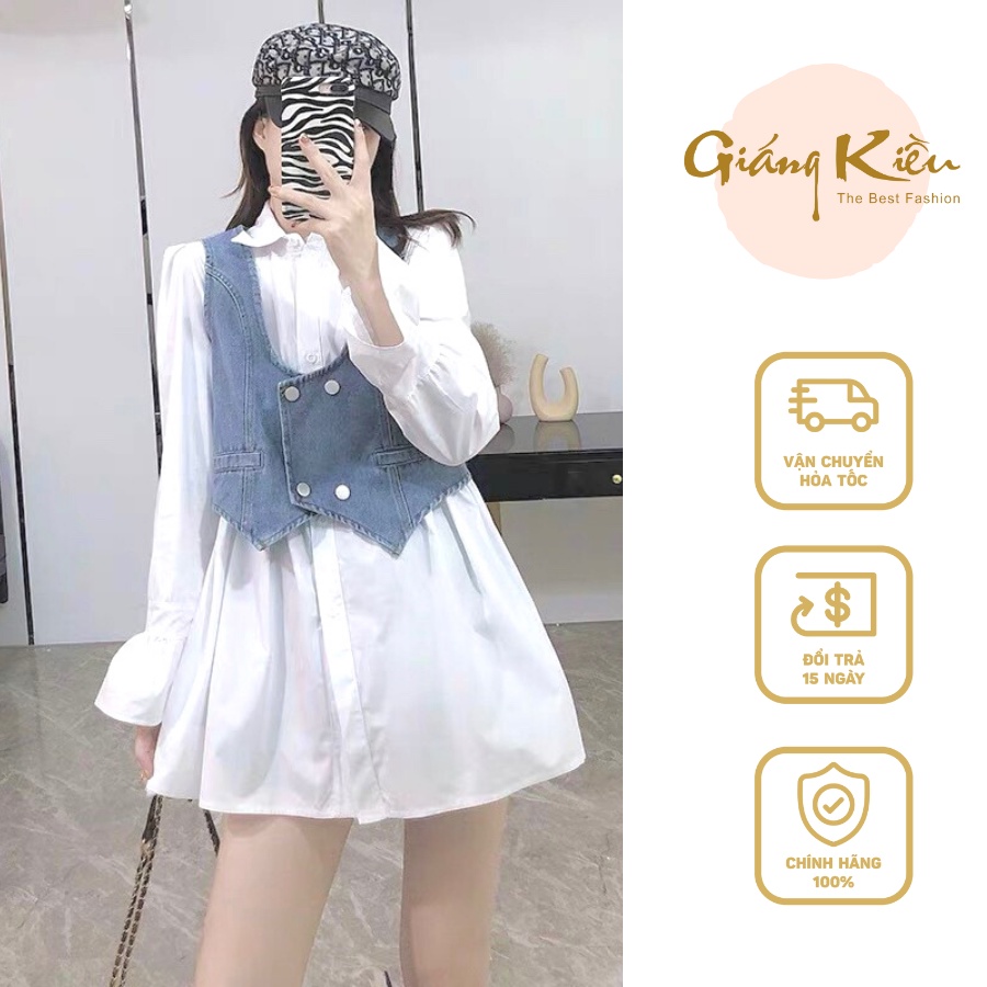 Set Bộ Váy Babydoll Mix Yếm Bò Siêu Cá Tính, Đầm Babydoll Chất Đũi Lụa Mềm Đẹp Yếm Rời Vải Bò - S0609