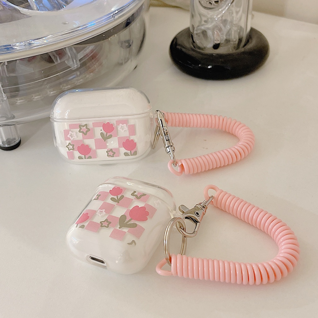 Vỏ Bọc Hộp Sạc Tai Nghe Apple airpods 2/3 Trong Suốt Họa Tiết Hoa Tulip Có Dây Đeo Tiện Dụng