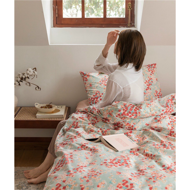 Bộ chăn ga gối 100% cotton living Hàn Quốc hoa cỏ mùa xuân cao cấp siêu chill (Tặng vỏ gối ôm) - Bo chun miễn phí