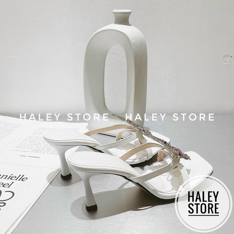 Giày Guốc nữ HALEY STORE 7cm kẹp xỏ ngón đính charm b/ướm đính đá xoàn pha lê lấp lánh đi chơi tiệc cưới rẻ bền đẹp